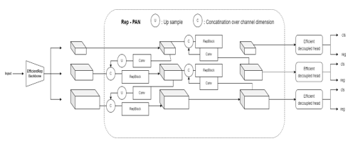 The YOLOv6 architecture Alt Text: A figure deep diving into EfficientRep Backbone of the YOLOv6 architecture